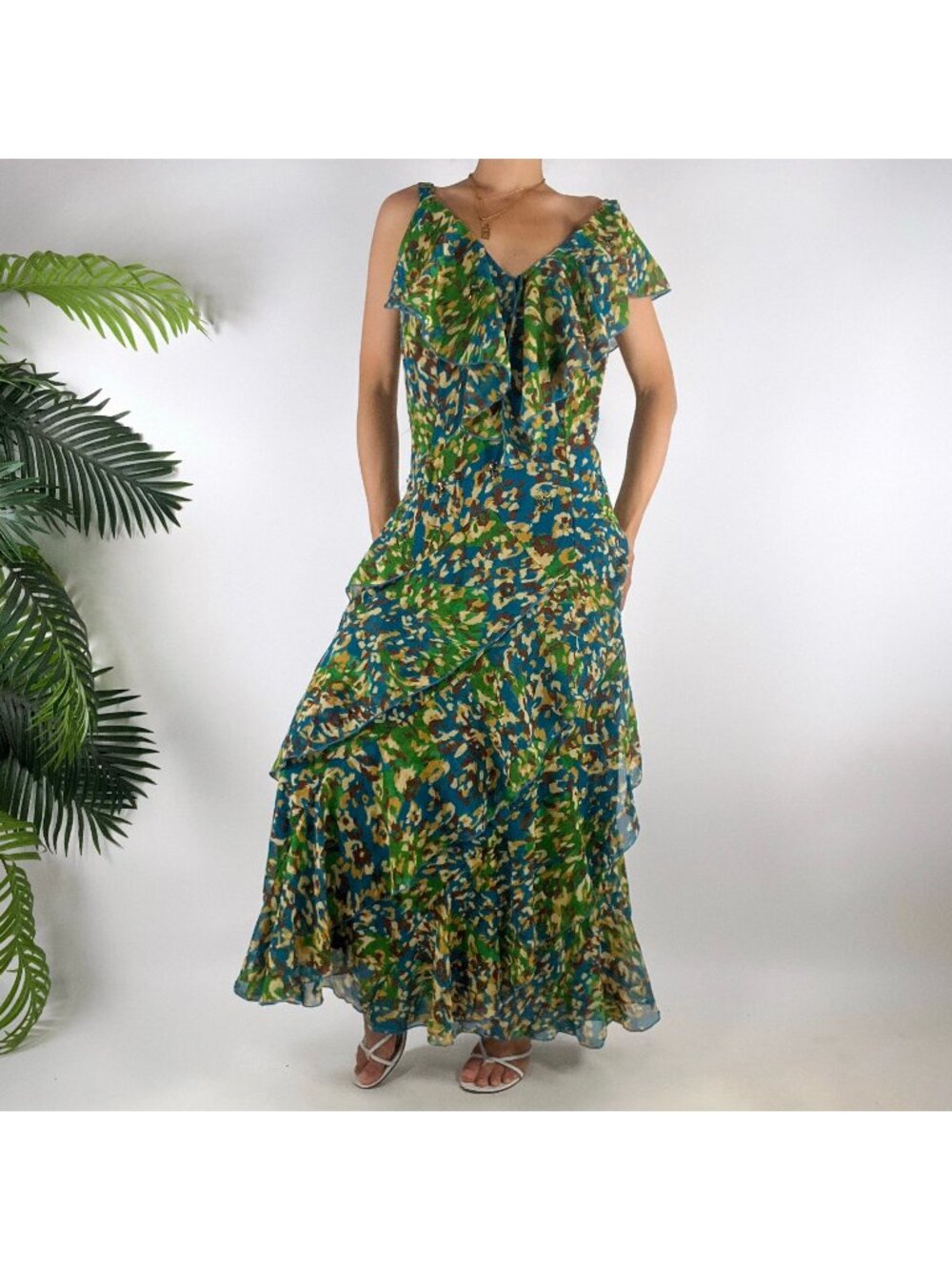 Signature By Robbie Bee Womens Green Abstract Ruffle Sleeveless Dress / 16W